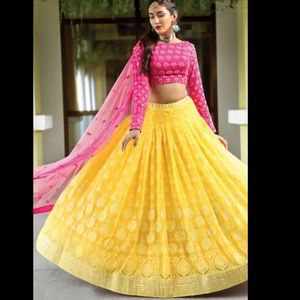 Embroidered Georgette Lehenga in Yellow